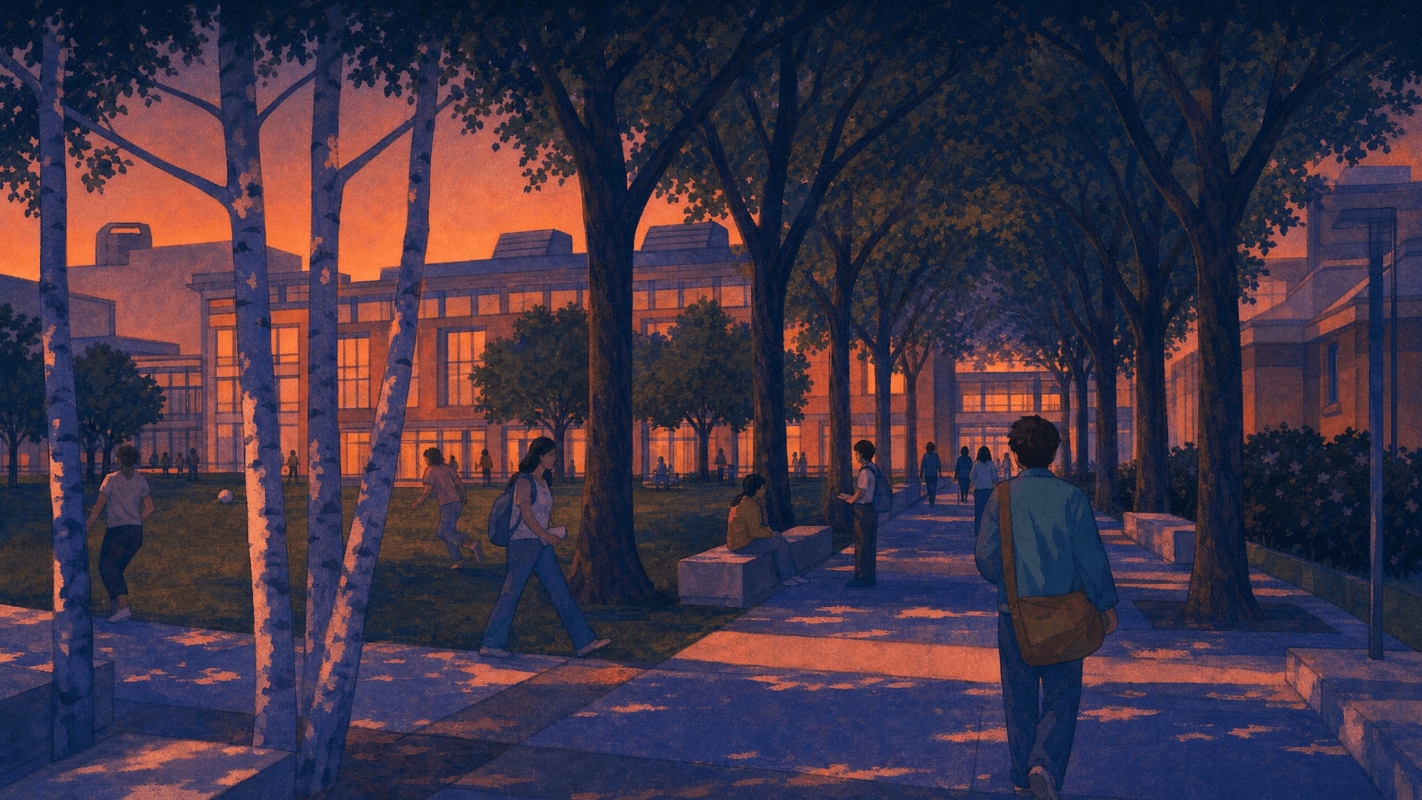 A university campus at dusk with students walking between buildings